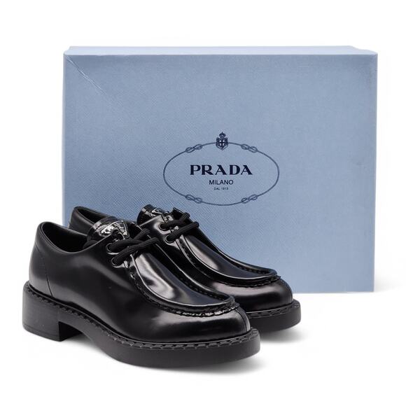 Prada Triangle Logo Lace-Up Shoes - Brushed Leather - Black 35.5 5.5US $1250 - Picture 1 of 9